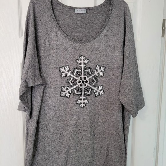 Catherines gray marl long S/S tunic with sequin snowflake‎ 1X - Picture 1 of 6